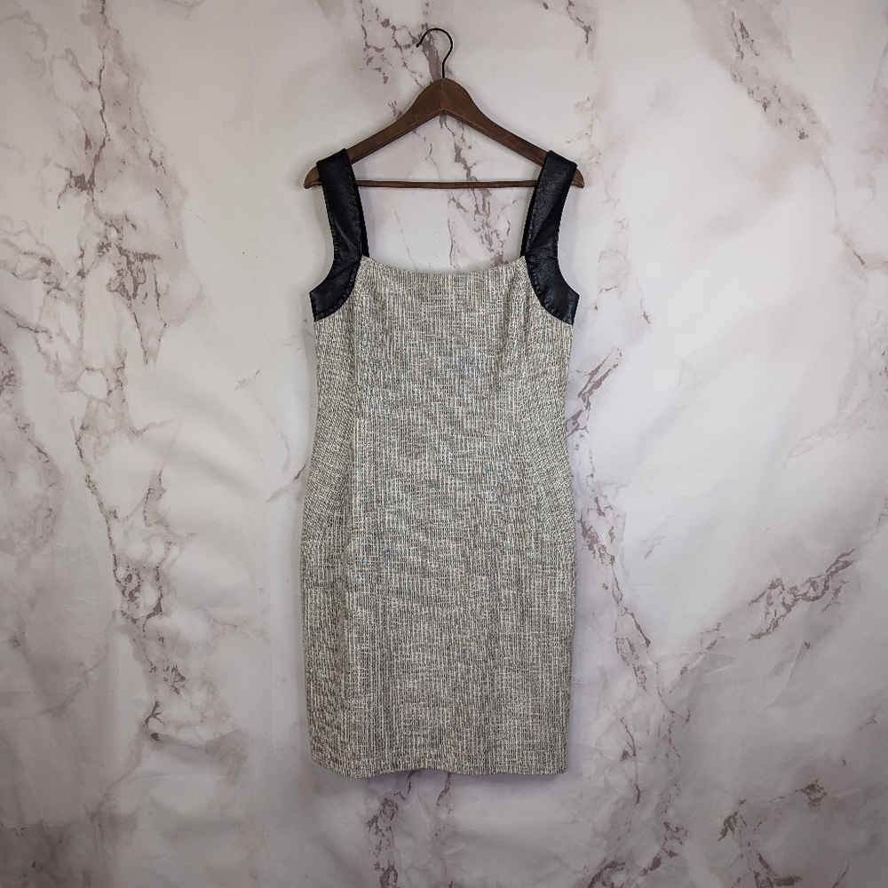 LAgence Dress 8 Tweed Black Leather Metallic Sheath Square Neck Tank Knee Length